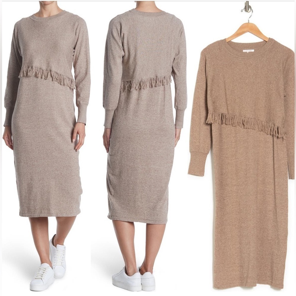 STITCHDROP Fringe 2 in 1 Sweater Dress Midi Fringe Branch Tan Size XL NWT